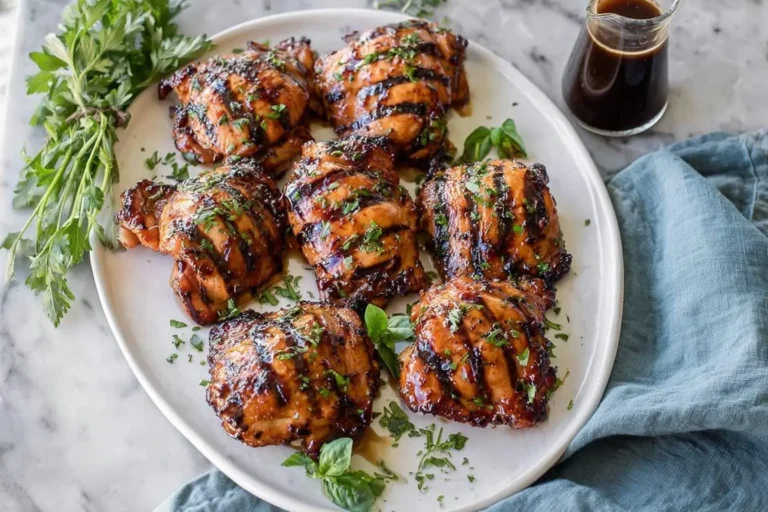 A white platter holds eight pieces of glazed balsamic chicken with prominent grill marks, garnished with fresh herbs, beside a pitcher of sauce.