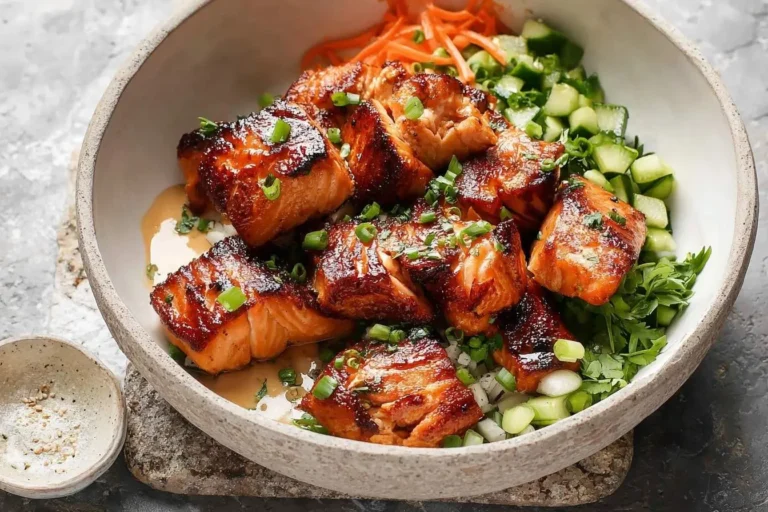 A close-up of a vibrant bang bang salmon bowl featuring crispy glazed salmon pieces, fresh cucumber, shredded carrots, cilantro, and green onions.