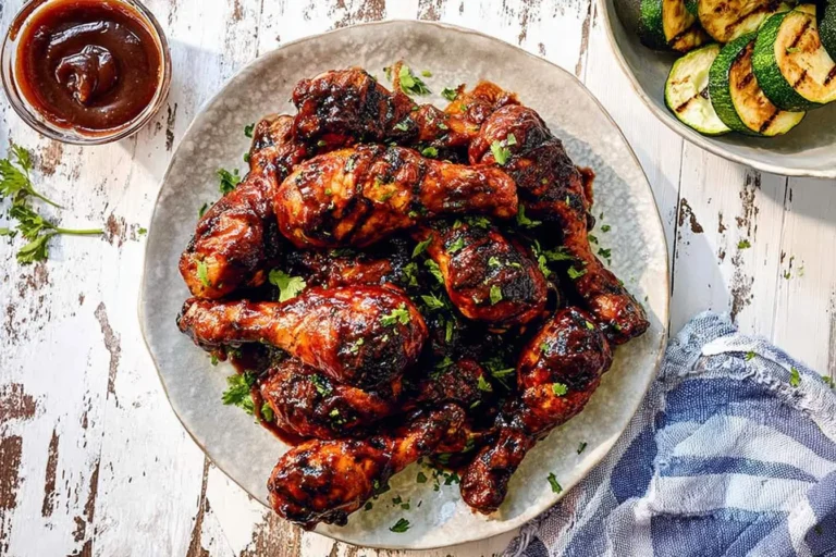 A large platter of grilled bbq chicken drumsticks, coated in dark sauce and garnished with parsley, served on a rustic white table.