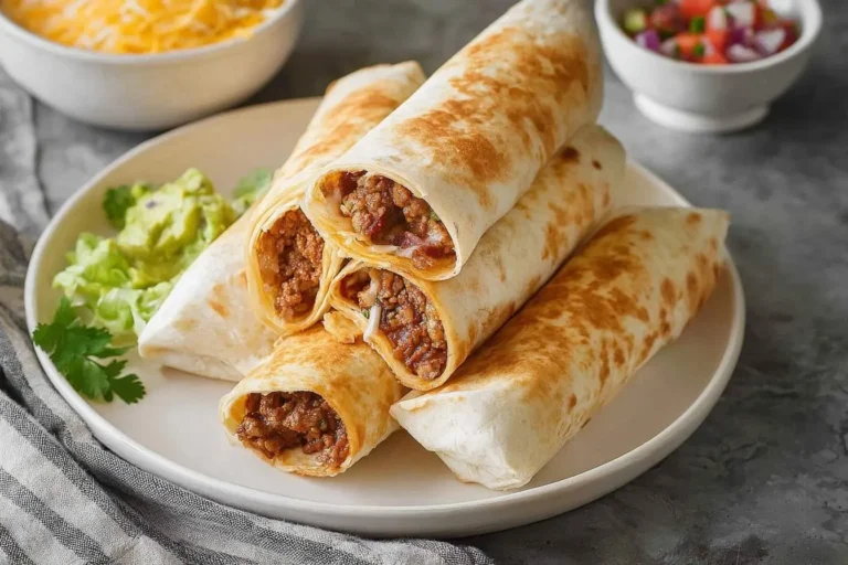 A plate filled with delicious golden-brown Beef Burritos, some cut open to reveal the savory meat and rice filling, with guacamole and lettuce.