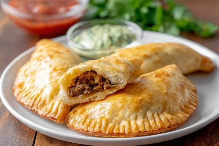 A plate of golden-brown Beef Empanadas, with one cut open to reveal the savory ground beef filling, served with salsa and a green dip.