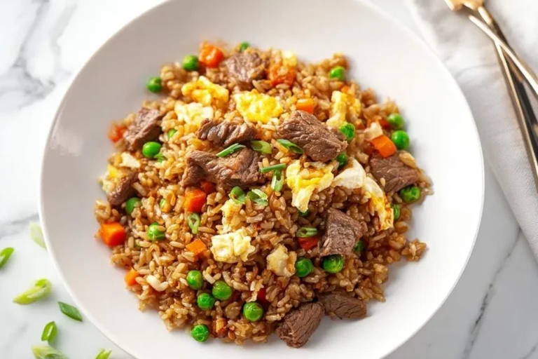 A close-up shot of a white plate filled with delicious Beef Fried Rice, garnished with peas, carrots, and scrambled eggs.
