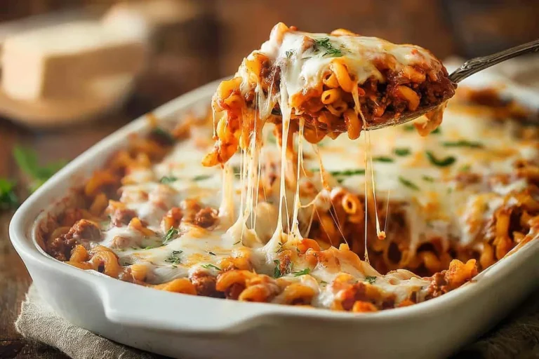 A serving spoon lifts a cheesy portion of hot Beef Macaroni Casserole from a white baking dish, showing long strings of melted cheese.