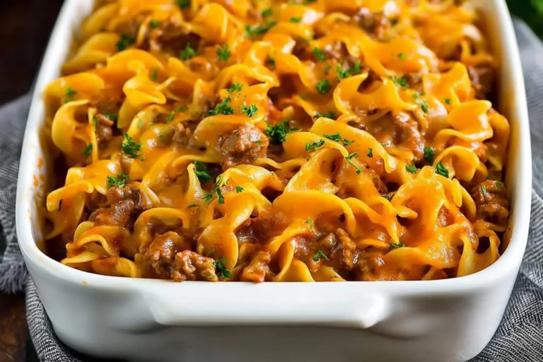 A close-up of a bubbling hot beef noodle casserole in a white baking dish, topped with melted cheese and fresh parsley.