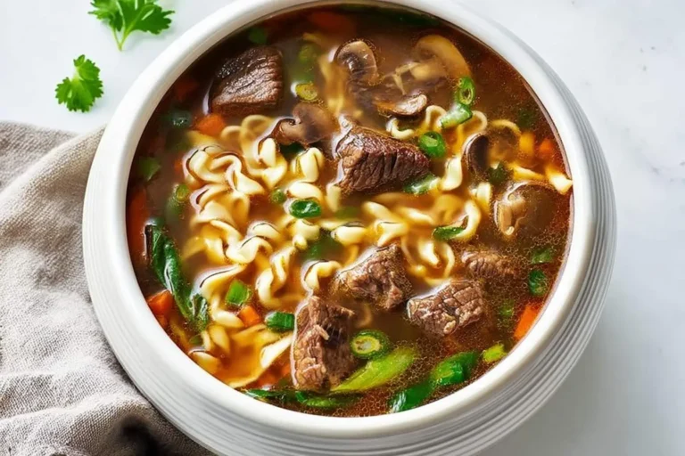 A close-up shot of a steaming bowl of beef noodle soup, featuring wavy noodles, tender beef chunks, mushrooms, and green onions.