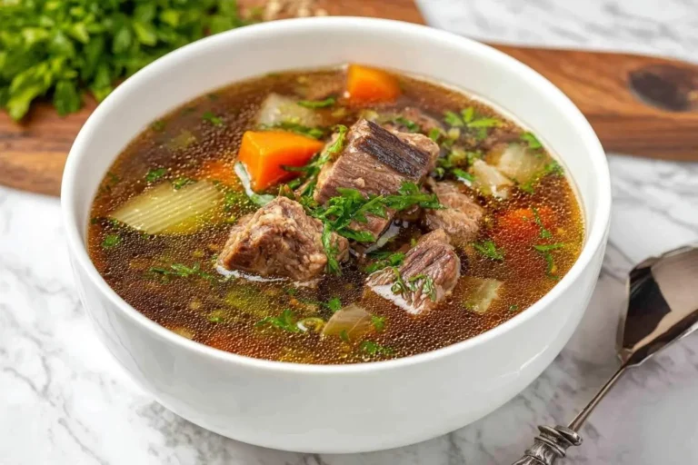 A hearty bowl of beef short rib soup with tender meat, carrots, celery, and fresh herbs, served on a marble surface.