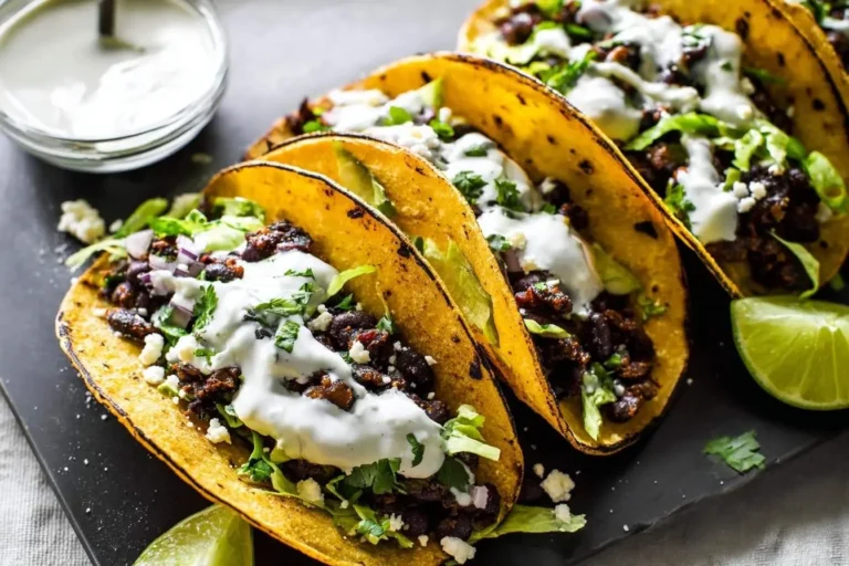 Three vibrant black bean tacos with fresh toppings, sour cream, and lime, served on a dark platter with a side of dipping sauce.
