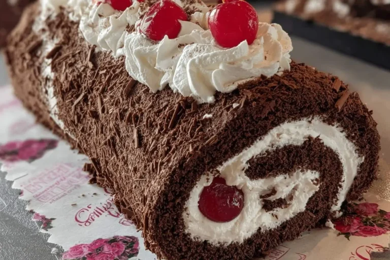 A luscious Black Forest Cake Roll covered in dark chocolate shavings, garnished with white whipped cream swirls and bright red cherries.