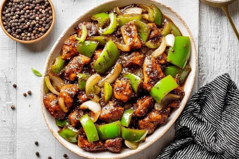 A rustic bowl of Black Pepper Chicken with green bell peppers and onions, served on a white wooden table next to peppercorns.