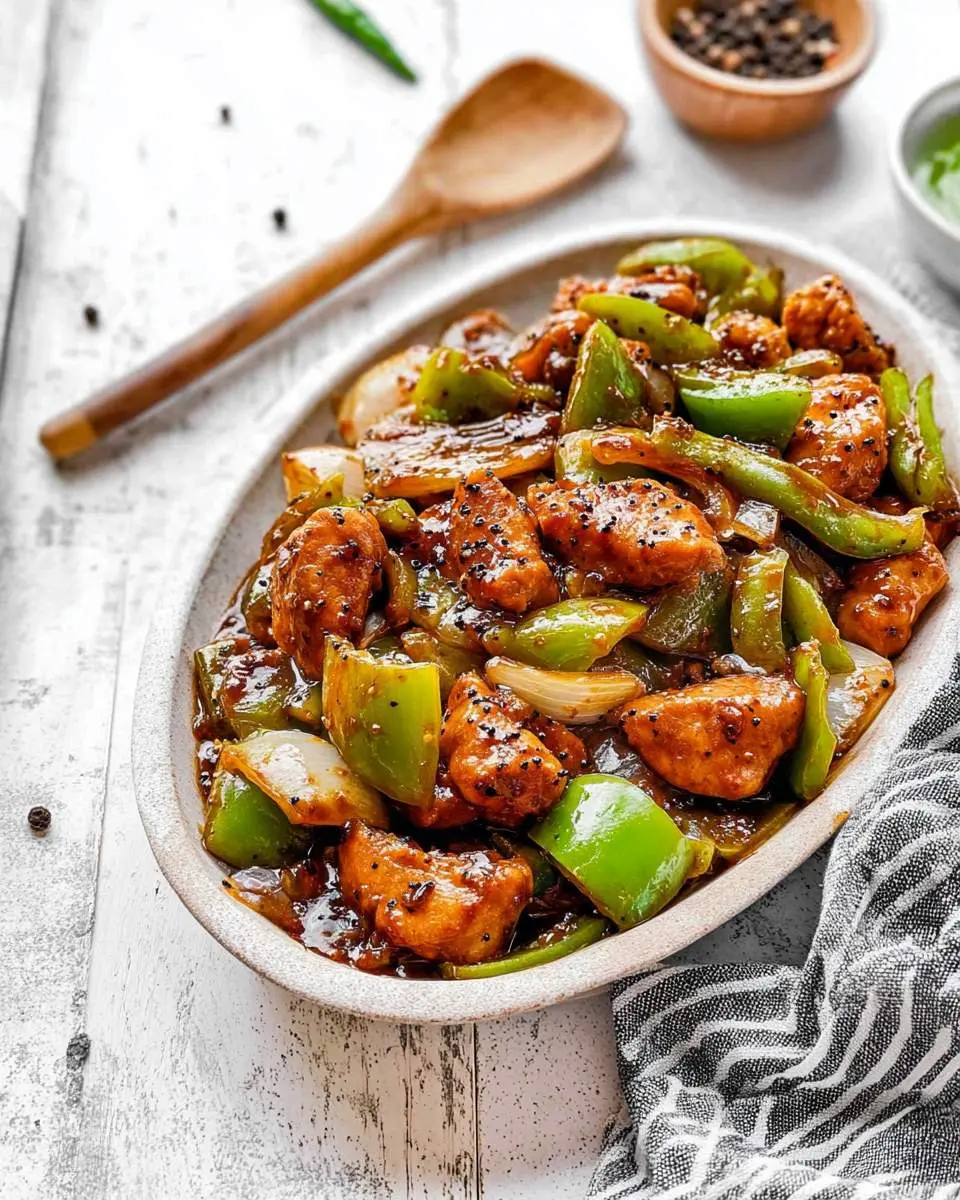 A close-up shot of a delicious Black Pepper Chicken stir-fry with green bell peppers and onions in an oval dish on a wooden table.