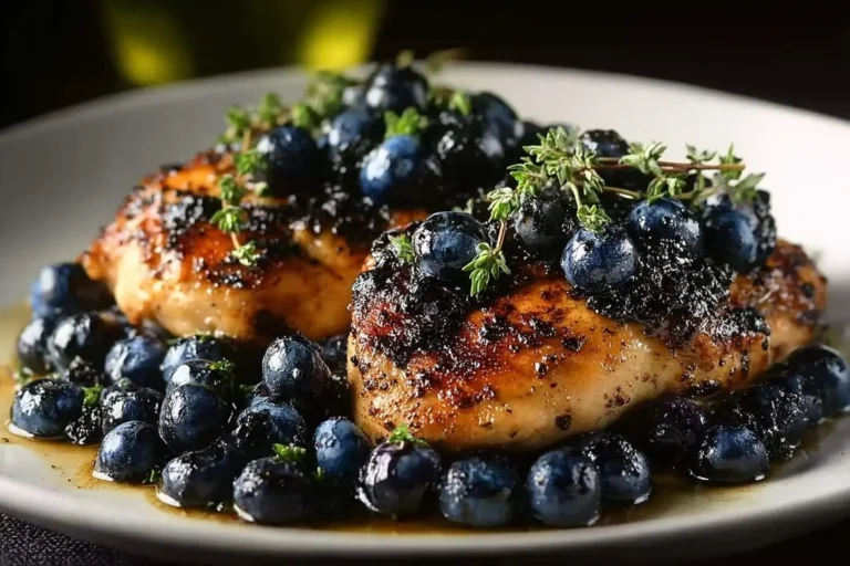 Close-up of two pieces of golden-brown Blueberry Thyme Chicken, generously topped with fresh blueberries and thyme sprigs.