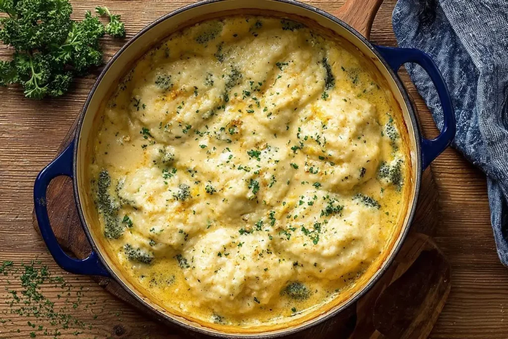 Overhead shot of a delicious broccoli cheddar dumpling soup in a blue Dutch oven, garnished with fresh parsley on a wooden table.