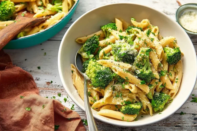 A close-up shot of a white bowl filled with delicious penne broccoli pasta, topped with parmesan cheese and fresh parsley, on a rustic wooden table.