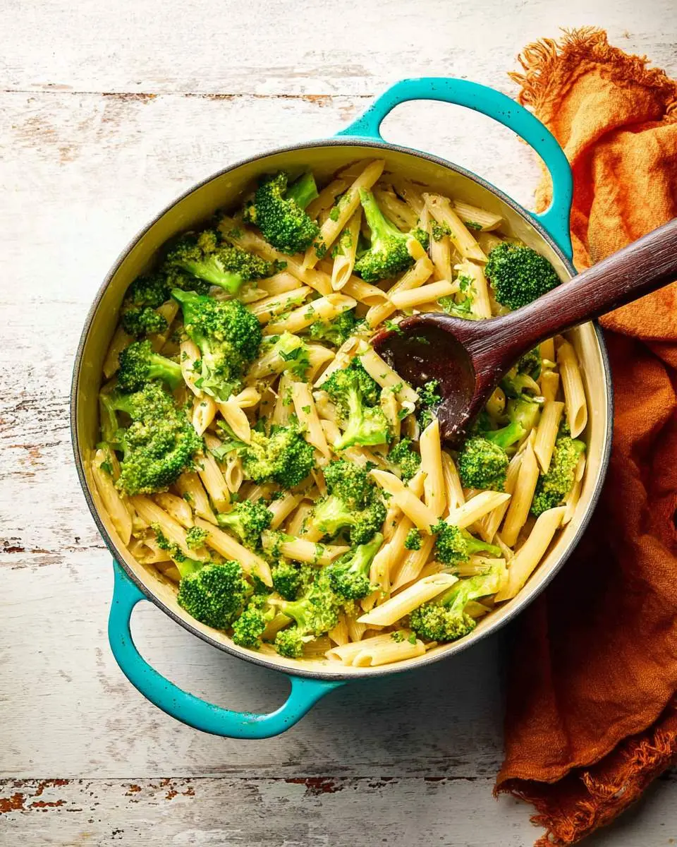 Broccoli Pasta A vibrant blue pot filled with delicious Broccoli Pasta, mixed with penne and fresh herbs, ready to be served with a wooden spoon.