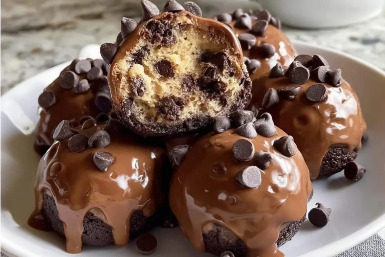 A close-up of delicious Brownie Cookie Dough Bombs, one cut open to show the chocolate chip cookie dough filling, all covered in chocolate glaze and chocolate chips.