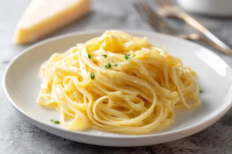 A close-up of a generous serving of creamy butter noodles on a white plate, garnished with fresh green herbs.