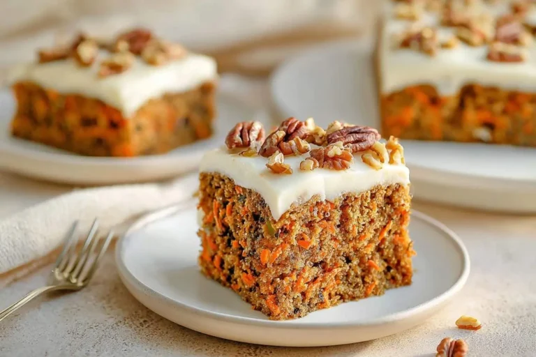 Several slices of moist carrot cake with creamy white frosting and chopped pecans, beautifully presented on white plates.