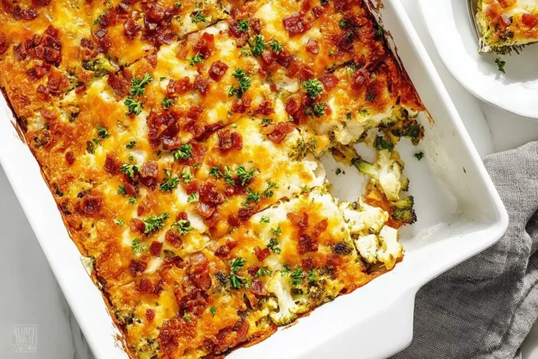 A golden-brown Cauliflower and Broccoli Casserole topped with crispy bacon and fresh parsley, with a portion removed from the baking dish.