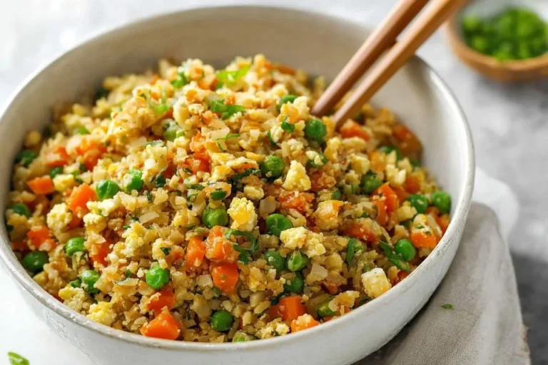 A close-up of a white bowl filled with vibrant cauliflower fried rice, featuring scrambled eggs, peas, carrots, and a pair of chopsticks.