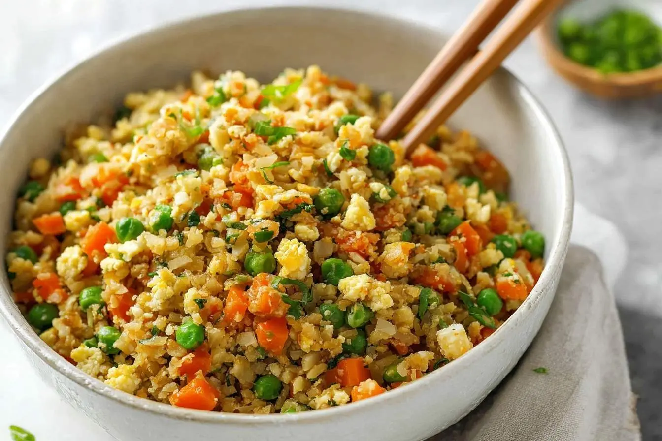 A close-up of a white bowl filled with vibrant cauliflower fried rice, featuring scrambled eggs, peas, carrots, and a pair of chopsticks.