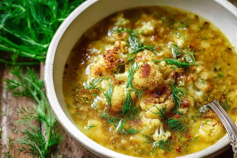 A close-up view of a rustic white bowl filled with savory cauliflower soup, garnished with fresh dill and browned cauliflower florets.