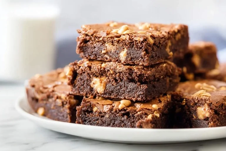 A close-up of a stack of rich, chewy peanut butter brownies with nut pieces on top, served on a white plate with milk.