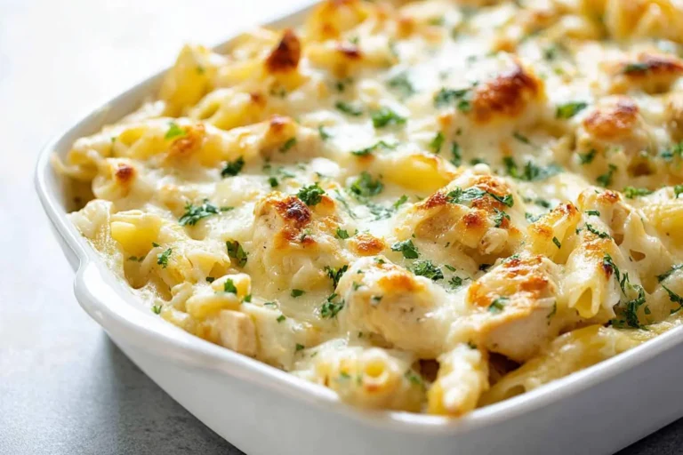 A creamy, golden-baked chicken alfredo bake in a white dish, featuring penne pasta, tender chicken, melted cheese, and fresh parsley.
