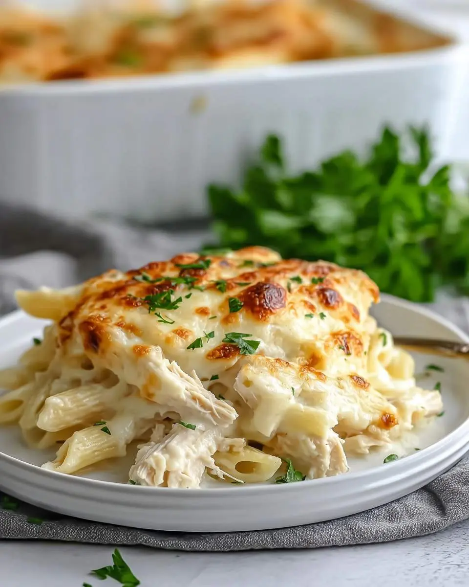 A plate of cheesy chicken alfredo bake featuring penne pasta, shredded chicken, melted golden cheese, and fresh parsley garnish.