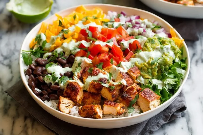 A vibrant Chicken Burrito Bowl in a white bowl, featuring grilled chicken, black beans, rice, guacamole, tomatoes, and a creamy green dressing.