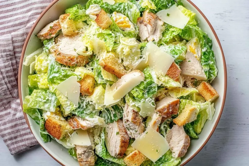 A close-up, top-down shot of a delicious Chicken Caesar Salad in a bowl, featuring crisp romaine, croutons, parmesan, and grilled chicken.