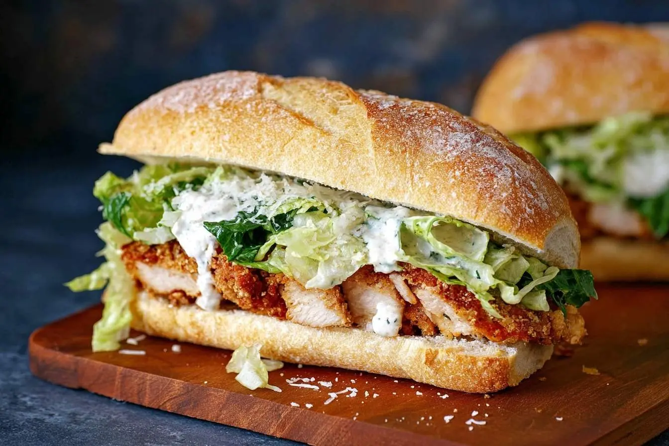 A close-up of a crispy chicken caesar sandwich on a baguette, loaded with lettuce, creamy dressing, and grated cheese on a wooden board.