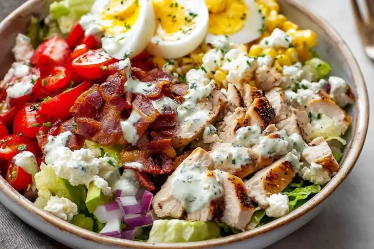 A vibrant, close-up view of a classic Chicken Cobb Salad in a bowl, featuring grilled chicken, bacon, eggs, tomatoes, corn, cheese, and a creamy dressing.