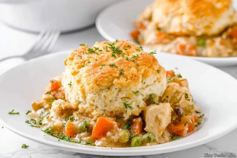 A close-up shot of a savory chicken cobbler casserole topped with a golden-brown biscuit and fresh parsley, served on a white plate.