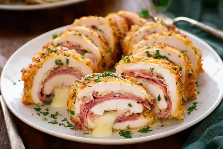 Sliced Chicken Cordon Bleu on a white plate, showcasing golden-brown breading, savory ham, and melted cheese, garnished with fresh parsley.