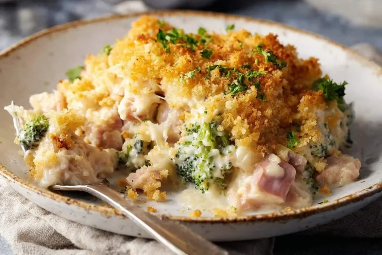 A creamy Chicken Cordon Bleu Casserole in a rustic bowl, topped with golden breadcrumbs and fresh parsley, with a fork taking a serving.