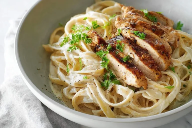 A delicious bowl of creamy Chicken Fettuccine Alfredo topped with perfectly grilled chicken slices, fresh parsley, and black pepper.