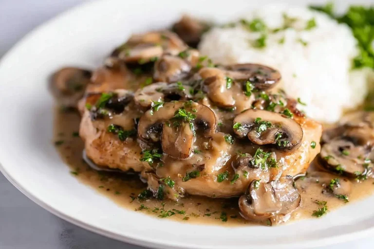 A close-up of delicious Chicken Marsala served with a rich mushroom sauce and fresh parsley on a white plate, alongside white rice.