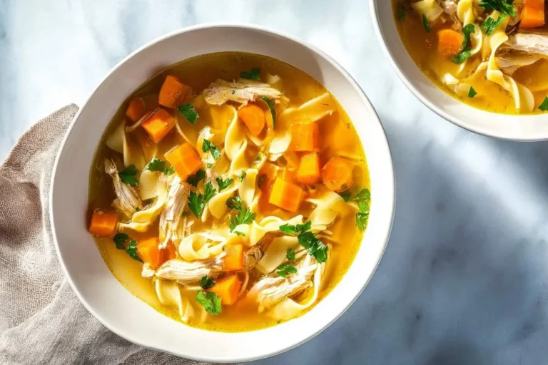 Overhead shot of two bowls of homemade chicken noodle soup with egg noodles, carrots, shredded chicken, and fresh parsley garnish.