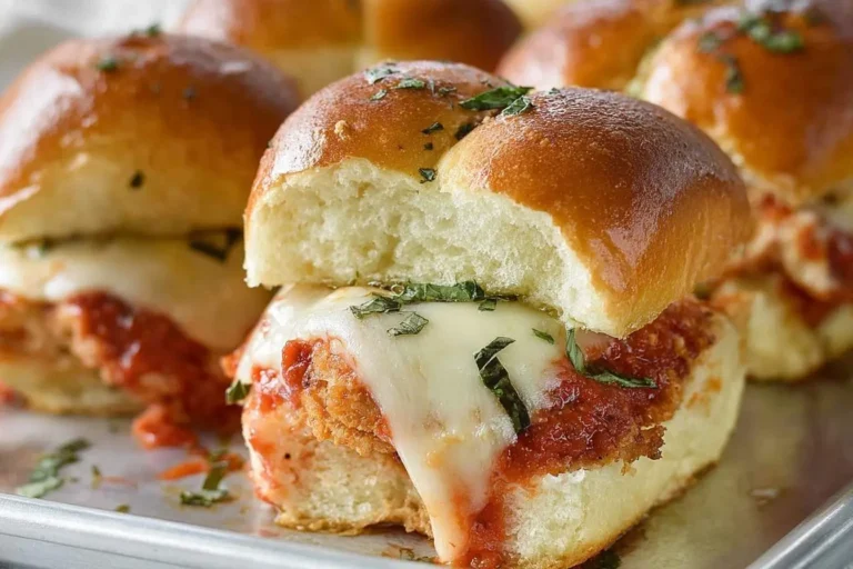 Delicious Chicken Parmesan Sliders on soft buns with melted cheese, marinara, and basil, one slider pulled open to show filling.