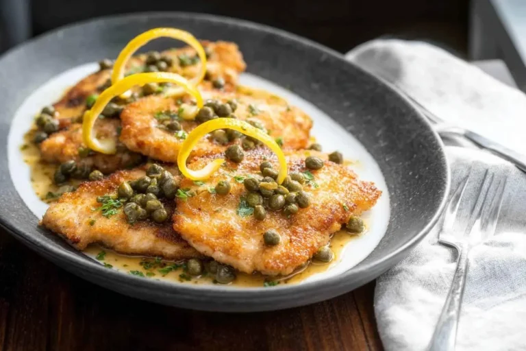Golden-brown chicken piccata garnished with capers, fresh parsley, and elegant lemon curls, served on a dark plate.