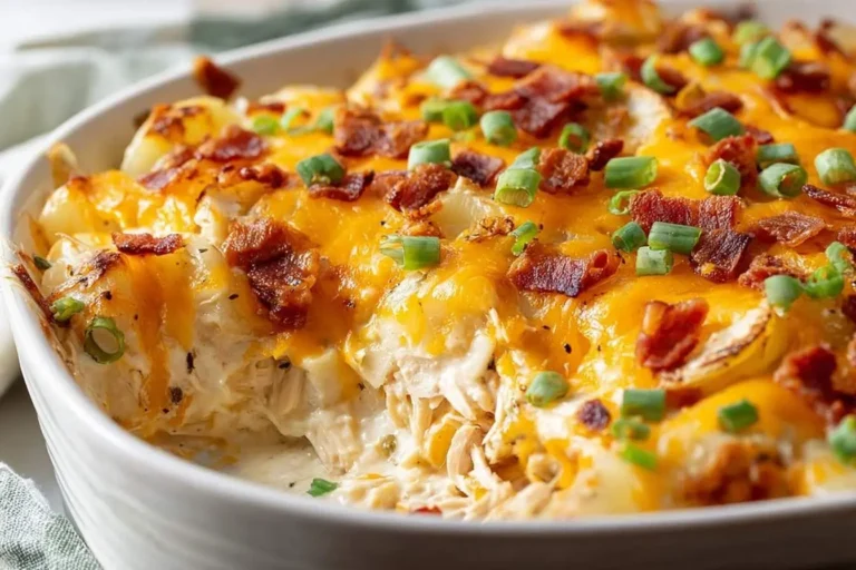 A close-up of a creamy Chicken Potato Casserole topped with golden melted cheddar cheese, crispy bacon bits, and fresh green onions, with a scoop removed revealing the interior.