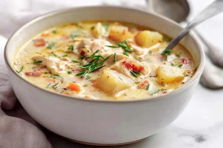 A close-up of a hearty bowl of creamy chicken potato soup garnished with fresh green herbs, ready to be enjoyed.