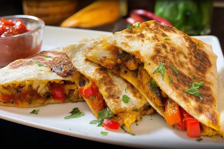 Golden-brown Chicken Quesadillas filled with chicken, melted cheese, and red peppers, garnished with cilantro, served with salsa.