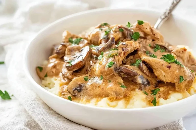 A white bowl filled with creamy chicken stroganoff featuring tender chicken pieces, sliced mushrooms, and fresh parsley, served over fluffy mashed potatoes.