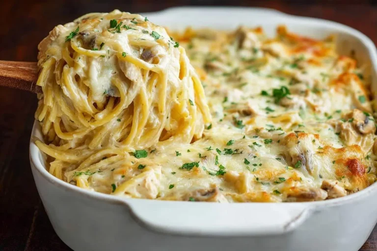 A close-up of a serving spoon lifting creamy Chicken Tetrazzini with spaghetti, mushrooms, and melted cheese from a white casserole dish.