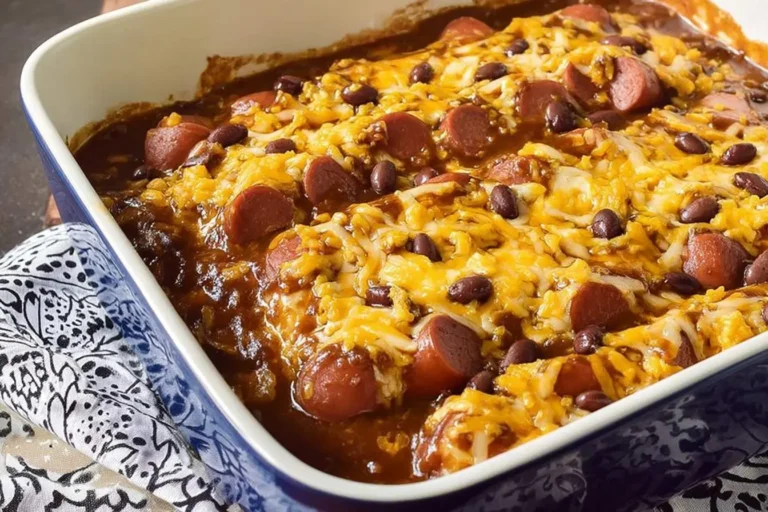 A hearty Chili Dog Casserole in a blue baking dish, topped with melted cheese, sliced hot dogs, and dark beans.