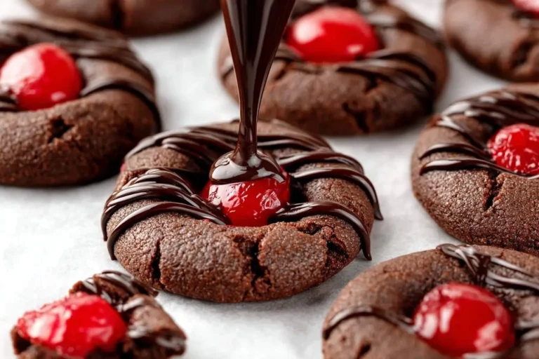 Close-up of freshly baked Chocolate Cherry Cookies, one being drizzled with rich chocolate glaze over a bright red cherry.