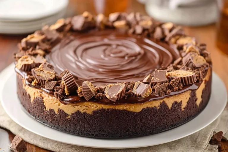 A decadent chocolate peanut butter cheesecake on a white plate, topped with swirled chocolate ganache, chocolate crumbs, and Reese's peanut butter cups.