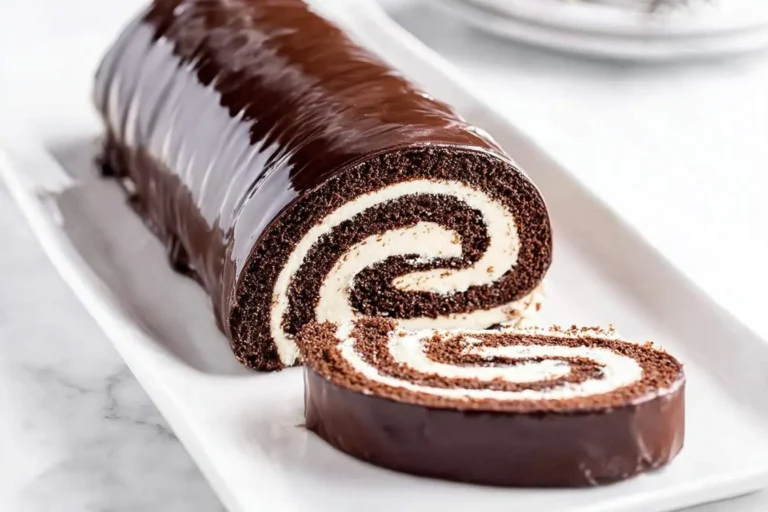 A decadent chocolate swiss roll cake with a glossy dark chocolate glaze and a creamy white spiral filling, served on a white platter.