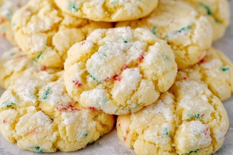 A close-up of soft Christmas Gooey Butter Cookies, dusted with powdered sugar and vibrant red and green sprinkles, piled invitingly.